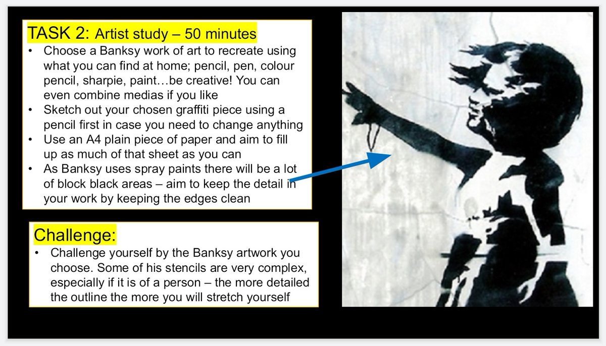 visualarts_sbs's tweet photo. Year 8 artists will be looking at the famous #Banksy today
They will be making an artist study of their own choice of his work. The challenge is keeping the lines accurate from his stencils
#sbsart #graffiti #remotelearning #NSEADcreate https://t.co/xpPCNLdnVO