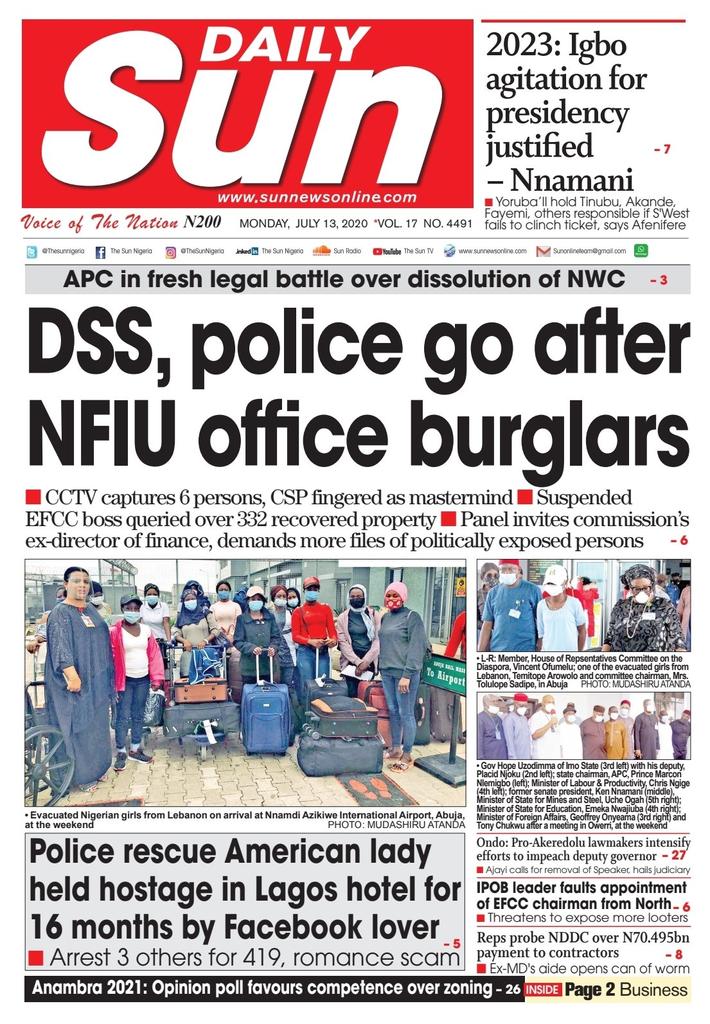 RealBeeordun's tweet photo. DAILY SUN: DSS, police go after NFIU office burglars
#FrontPage #FrontPageHeadlines
#MondayMotivation #RealBeeordun https://t.co/yKziv3cSdn