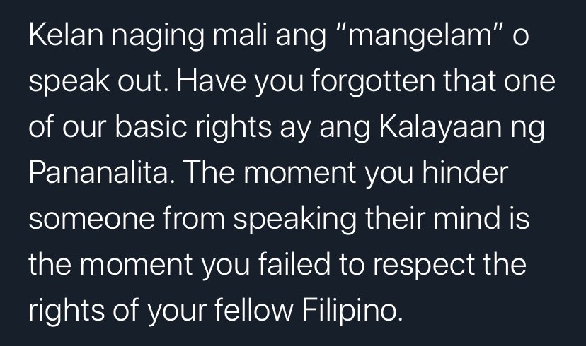 MercadoJen's tweet photo. One quick reminder to the people na nagrereply ng “shhh”, “shut up” o “tumahimik ka nilang”, at “huwag ka mangelam”... ❤️

Respecting other people’s opinion is a value you seem to have forgotten... https://t.co/4wDwTuwgwP