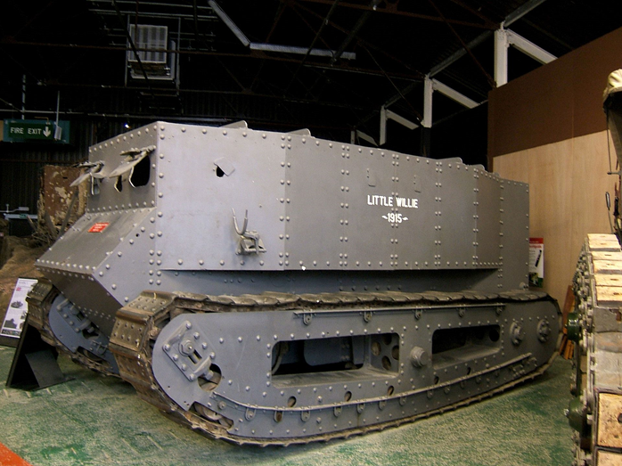 1915 saw Little Willie (now in a loving home at the Tank Museum), the first militarised tracked vehicle. Steering required a wheeled tail, and the vehicle was unsprung, as was the case with British tanks throughout WW1.