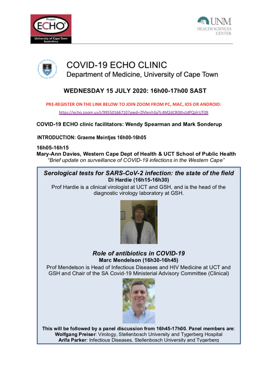 Our UCT Department of Medicine COVID-19 webinar this week (Wed 4pm SAST) features 3 important short talks: 1) WC epi update; 2) Serology tests; 3) Role of antibiotic in COVID-19. Pre-register at: 

echo.zoom.us/j/99550166710?…