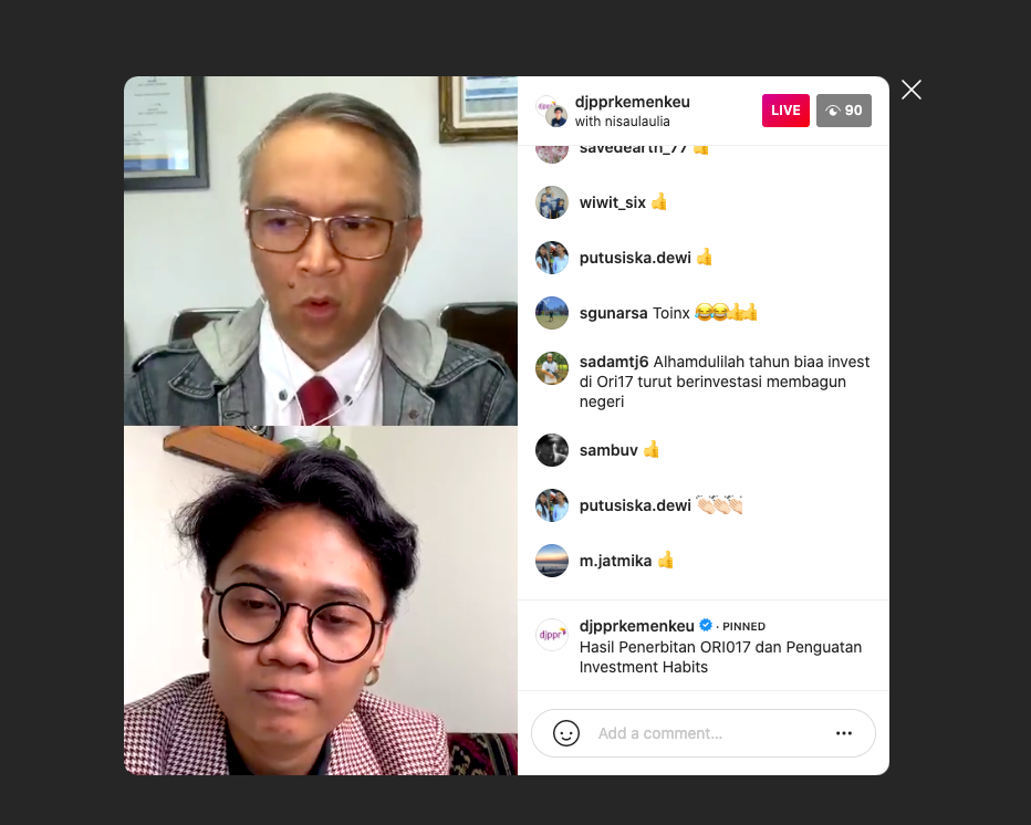 DJPPRkemenkeu's tweet photo. #Live bincang santai hasil penerbitan #ORI017 bersama @kangd3ni di Instagram DJPPR
https://t.co/buln6wLnG0
#IniUntukKita
#InvestasiNegeriku https://t.co/D64YAaUVcW