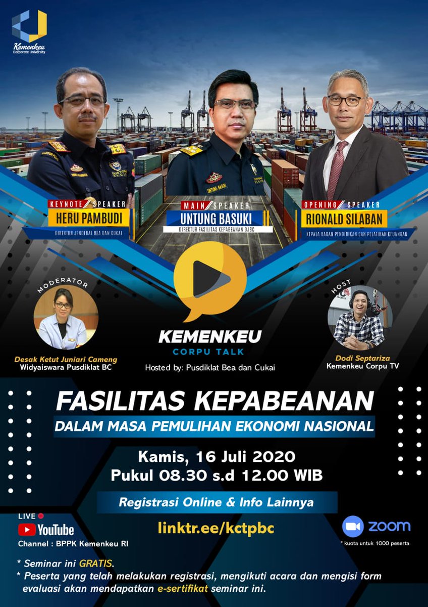 bibi_training's tweet photo. Hi, BIBInians. Pusdiklat Bea dan Cukai akan mengadakan Seminar Online via Zoom dan Live Streaming Youtube Channel BPPK Kementerian Keuangan RI dalam acara Kemenkeu Corpu Talk pada Kamis, 16 Juli 2020 pukul 08.30 s.d. 12.00 WIB. https://t.co/71mzp1kNp2