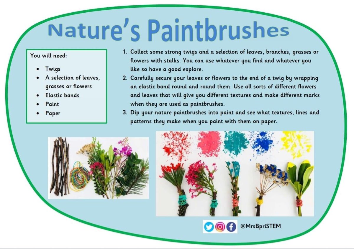 3OMrsBurns's tweet photo. If you’re out for a walk you can collect twigs, grasses and flowers and use them as nature paintbrushes. The best thing is they don’t need washing after painting. @HollinPrimary @MrsJones3J https://t.co/Y2WpTTJDi6