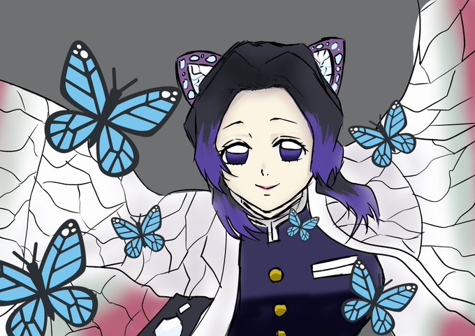 ℜོོ.グレイ-ℜ-茶葉 🌱招き猫体質さんがTwitterに投稿した胡蝶しのぶ(鬼滅の刃)のイラスト。
