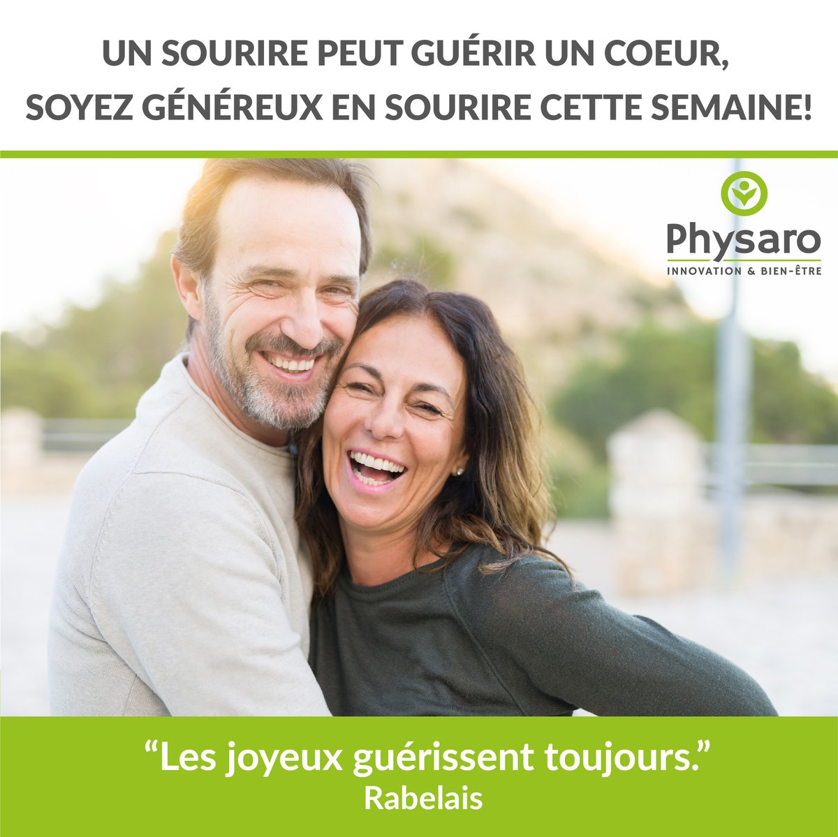 << Les joyeux guérissent toujours. ~Rabelais >>  

😁Un sourire peut guérir un coeur, soyez généreux en sourire cette semaine ! 🤩 #Physaro #BienEtre #Sante