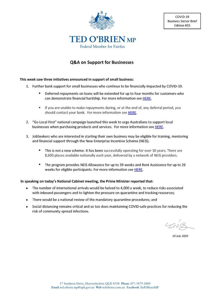 The latest Q &amp; A on Support for Businesses from Ted O'Brien MP - Federal Member for Fairfax office.

This week saw three initiatives announced in support of small business to read the full details please visit lnkd.in/d5UF325