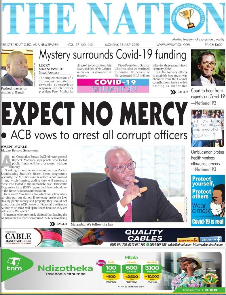 RealBeeordun's tweet photo. THE NATION: EXPECT NO MERCY
*ACB vows to arrest all corrupt officers
#FrontPage #FrontPageHeadlines
#Malawi #News #RealBeeordun https://t.co/9FP4G7xzc8