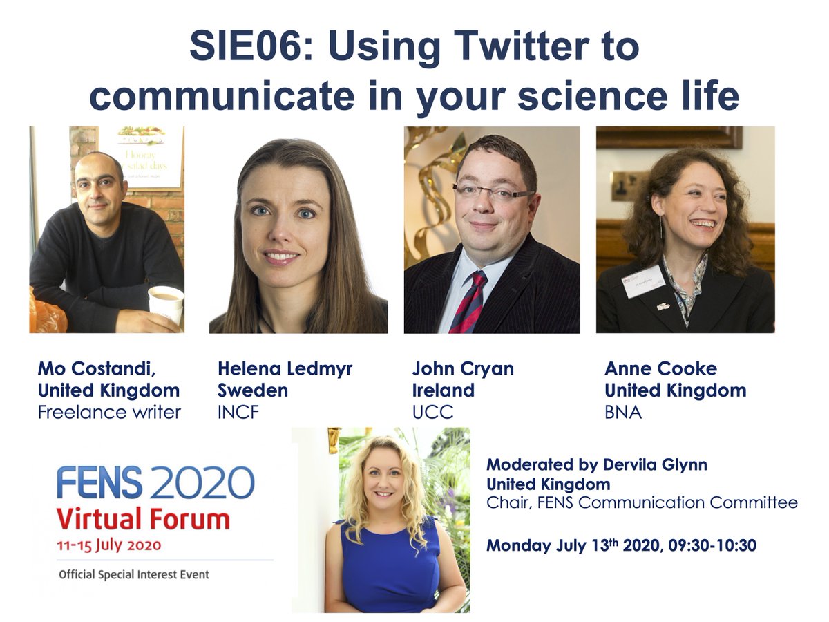 FENSorg's tweet photo. Don't miss out! How to use Twitter to communicate in your science life &amp; build your presence on social media. 
Live from 09:30, Hall A
Not at #FENS2020? - Tweet your Qs &amp; the panel will answer them!
Meet our panel @jfcryan @BritishNeuro @INCForg &amp; @mocost, moderated by @CamNeuro https://t.co/1ASB5Hqg7f