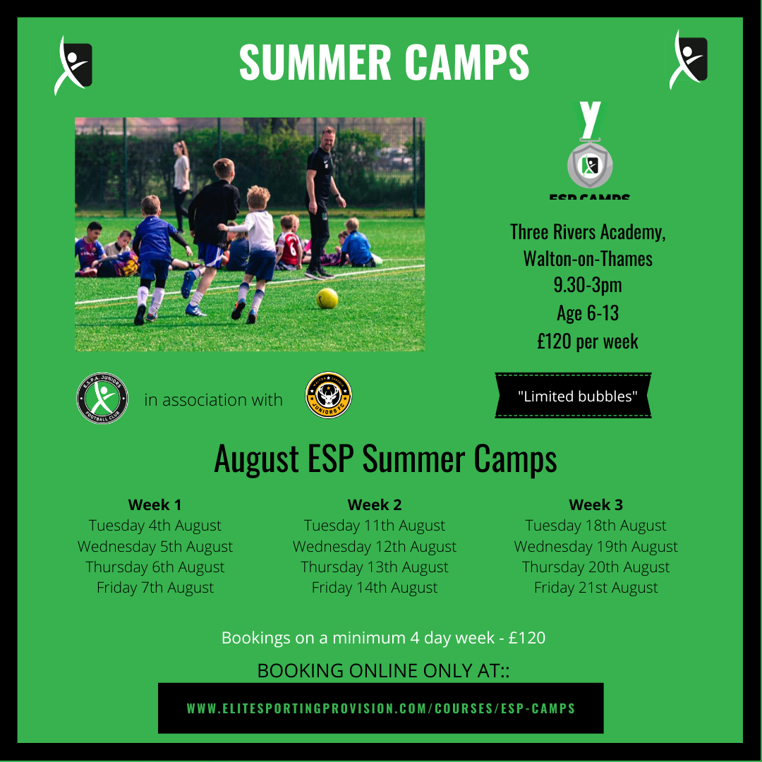 🏃‍♂️ Don't delay... our August football camps are filling up fast and we have limited spaces! 🏃‍♂️

Venue - Three Rivers Academy, Walton-On-Thames 
Time - 9.30am-3pm

Book now at: >> bit.ly/2VUeNjI
.
.
#elitesportingprovision #summercamp #threeriverscamp