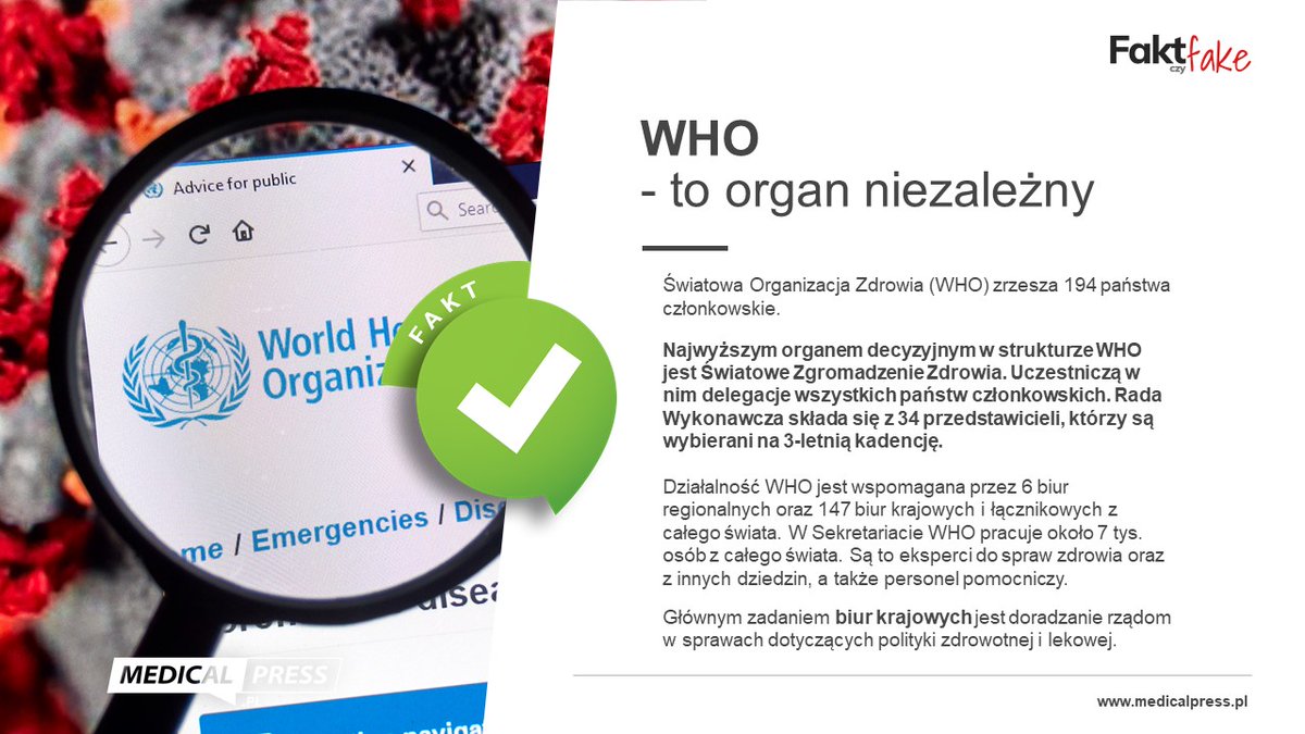 🤷‍♀️ℹ️ CZY WHO (ŚWIATOWA ORGANIZACJA ZDROWIA) TO ORGAN NIEZALEŻNY❓

✅Odpowiedź w grafice z cyklu FAKT czy FAKE🆗
Mówimy stop niesprawdzonym informacjom i fake newsom.

#FaktczyFake #edukacjazdrowotna #wiedzatozdrowie #medicalpress