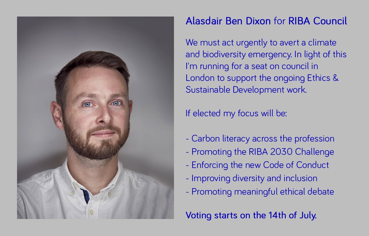 Our co-founder @alasdair_dixon is running for @RIBA Council this year! He supports a stronger response to the #climateemergency & more engagement with #professionalethics.

See all the excellent manifestos here: secure.cesvotes.com/V3-0-0/riba202…

RIBA Members, voting starts tomorrow! 🗳️💚