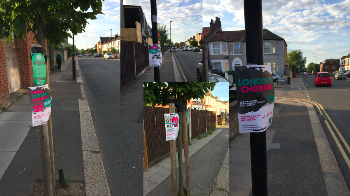 More posters along Torridon Road towards Brownhill Road #Catford. Hoping that when the traffic queues build up later, drivers will think about whether their car journey could have been avoided. #BuildBackBetter #DitchPollution #CorbettEstate @MumsForLungs @LewishamCouncil