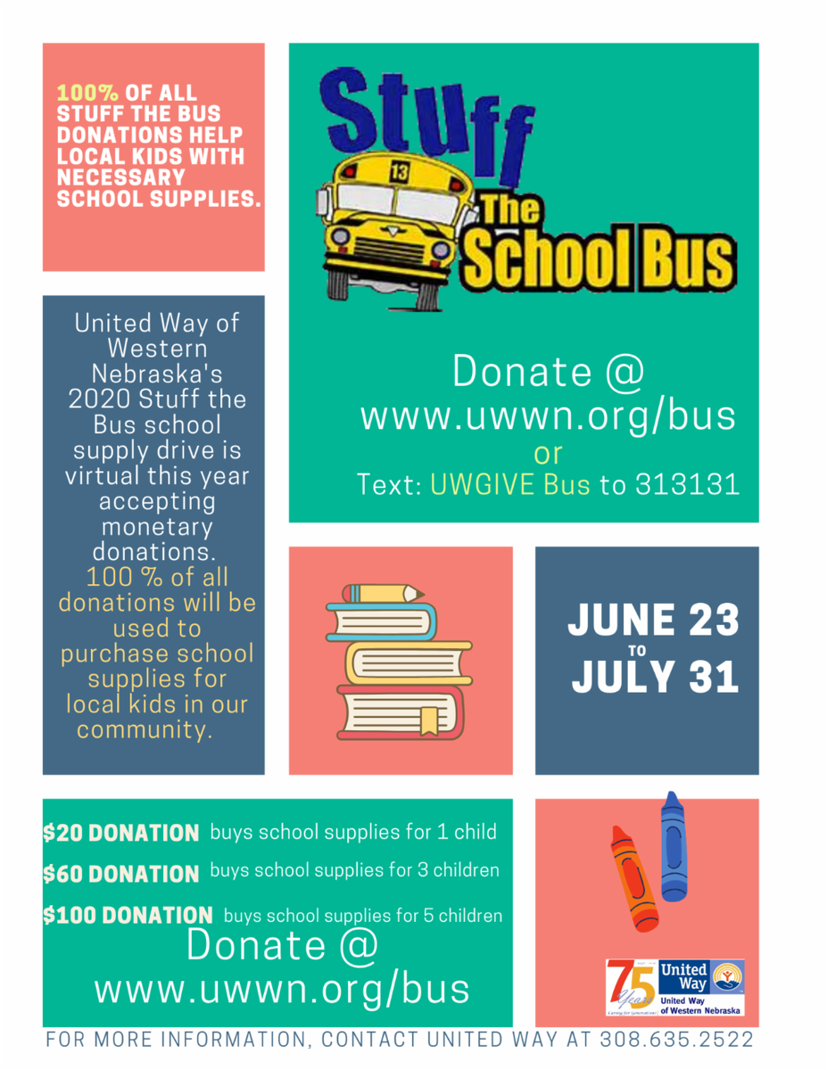 uwwestne's tweet photo. Help us Stuff the Bus {virtually} and ensure local kids have the supplies needed for school!
1.  Donate online at https://t.co/fQMUqH8Ygf  
2. Mail a check to United Way
1517 Broadway Suite 106
Scottsbluff, NE 69361 
OR
3. Text UWGIVES BUS to 313131 (&amp; you'll be sent a link to d https://t.co/ndqVvoqcOF