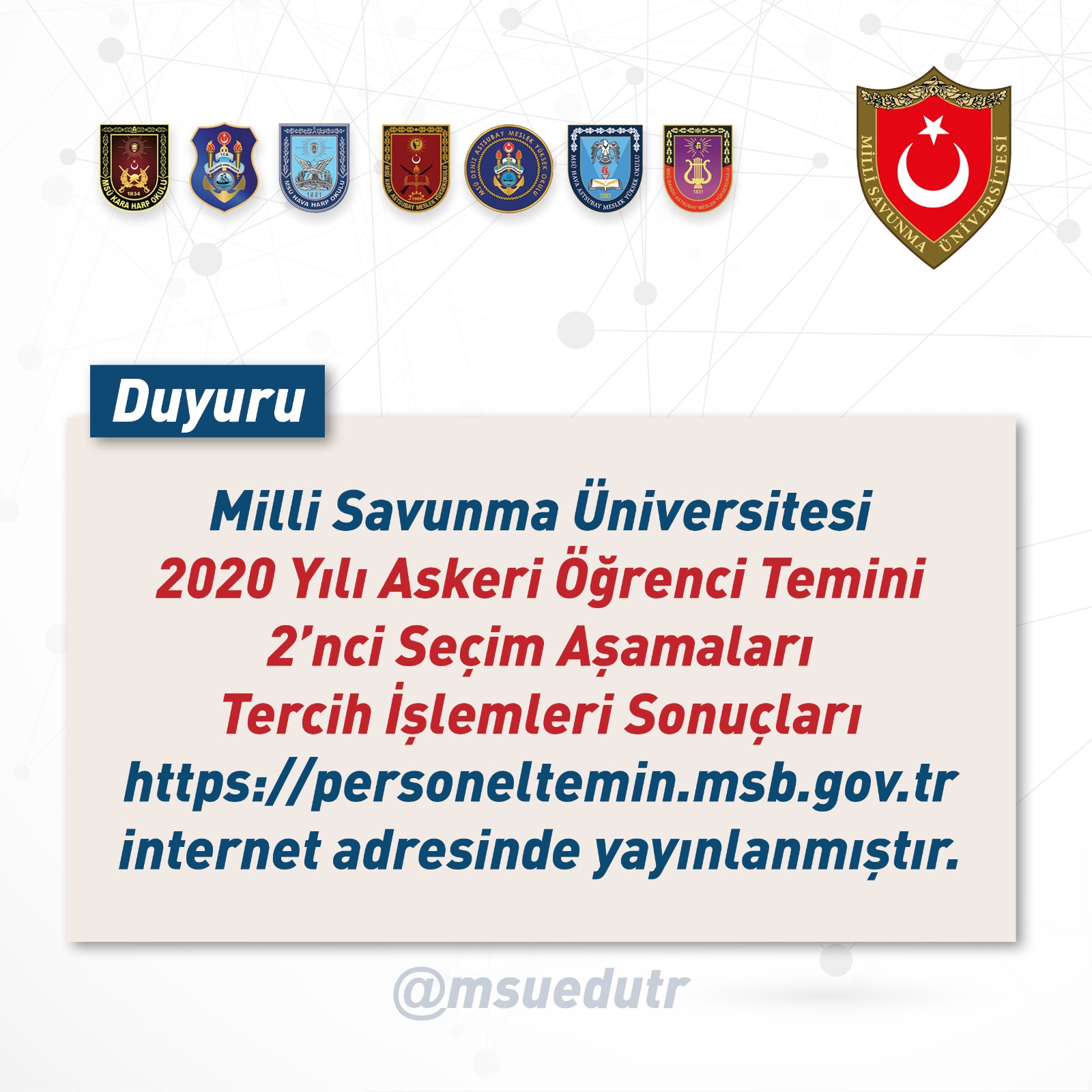 milli savunma universitesi on twitter milli savunma universitesi 2020 yili askeri ogrenci temini 2 nci secim asamalari tercih islemleri sonuclari https t co asc8mbxltv internet adresinde yayinlanmistir https t co taqca3e6vr twitter