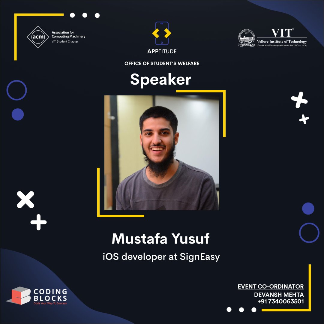 ACM_VIT's tweet image. We welcome an alumnus of our esteemed university, Mustafa Yusuf, an iOS Developer of SignEasy for being our first guest speaker for App-titude. We are grateful for having you aboard sir and look forward for the session you have planned for us.

#hackathon #acmindia #acmvit #acm