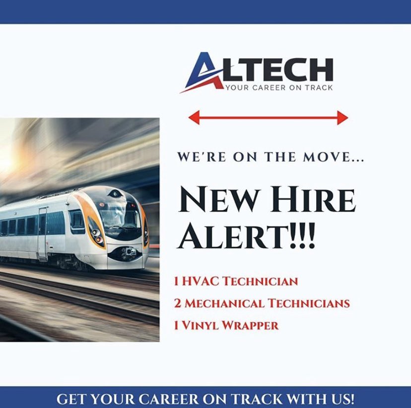 AltechServices's tweet image. Happy Monday!

We are on the move again! 4 hired this week. 

It’s time to get your career on track! #altechservices #Covid_19 #technicians #transit #essenfial #yourcareerontrack