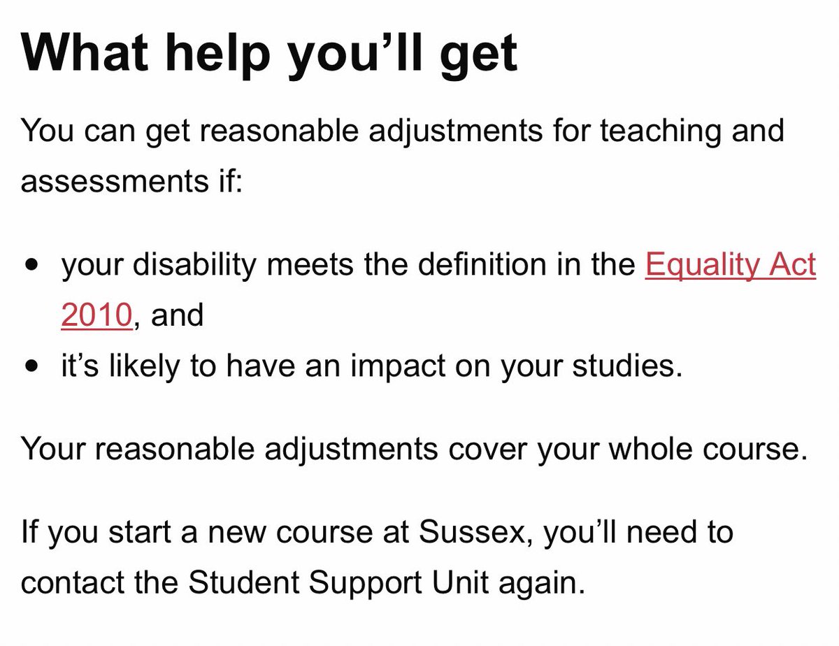 also this almost definitely illegal lol bc sussex (like most? all? unis) requires evidence of disability before granting reasonable adjustments which means they should be protected under the equality act (ie the uni has a duty to provide the reasonable adjustments)