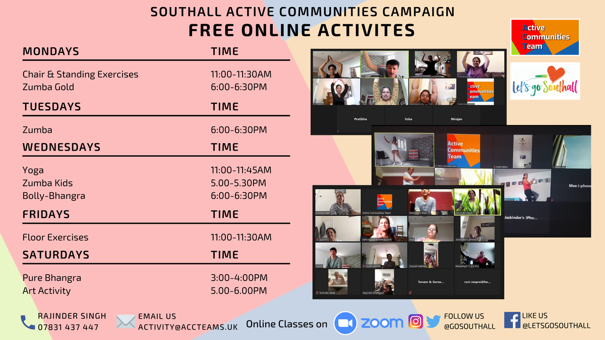 GoSouthall's tweet photo. Do you live in Southall? Join our FREE Online Activities! 🧘🏃🤸🕺💃🚶
EMAIL: ACTIVITY@ACCTEAMS.UK
CALL RAJINDER SINGH: 07831 437 447
ALL ARE FREE sessions: https://t.co/sxYdNZwQHZ

#letsgosouthall #activecommunitesteam #southall #active #communities #campaign #ealing #ub1ub2 https://t.co/eCPgoZlrVP