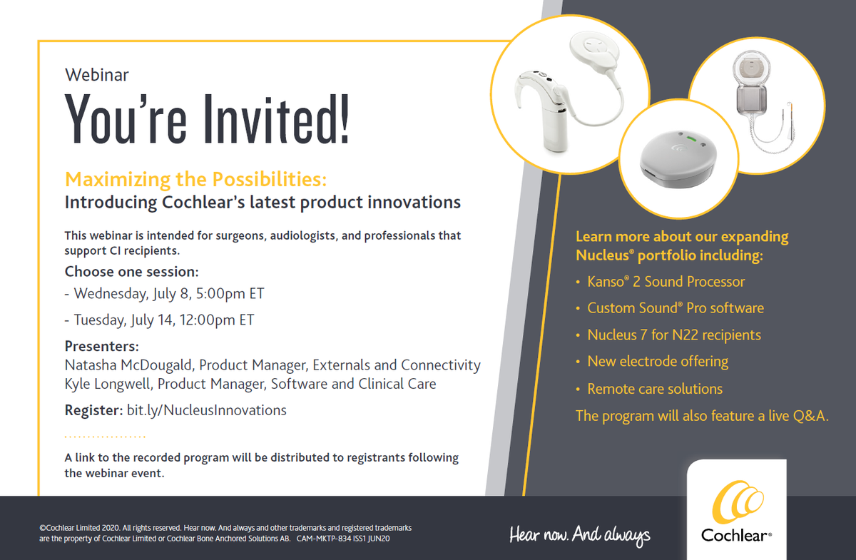 CochlearUS's tweet photo. Register now for tomorrow's 12pm #webinar to learn about Cochlear's newest additions to the Nucleus portfolio: https://t.co/FUyMIfgRpn #audpeeps #maximizingpossibilities #cochlearimplants #professionals https://t.co/3mE7WU1BRr