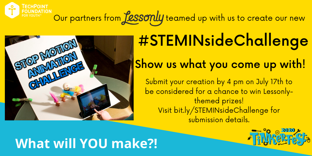 TechPointYouth's tweet photo. Enter for a chance to win a @Lessonly-themed prize with the latest #STEMINsideChallenge
Grab your supplies & start a Stop Motion video today. Submit your creations by 7/16
Info: https://t.co/zPt1wri3V3
Stop Motion example - https://t.co/kc6r9XmHI7
#STEM #STEMeducation #Indiana https://t.co/IEsUL9LYTl