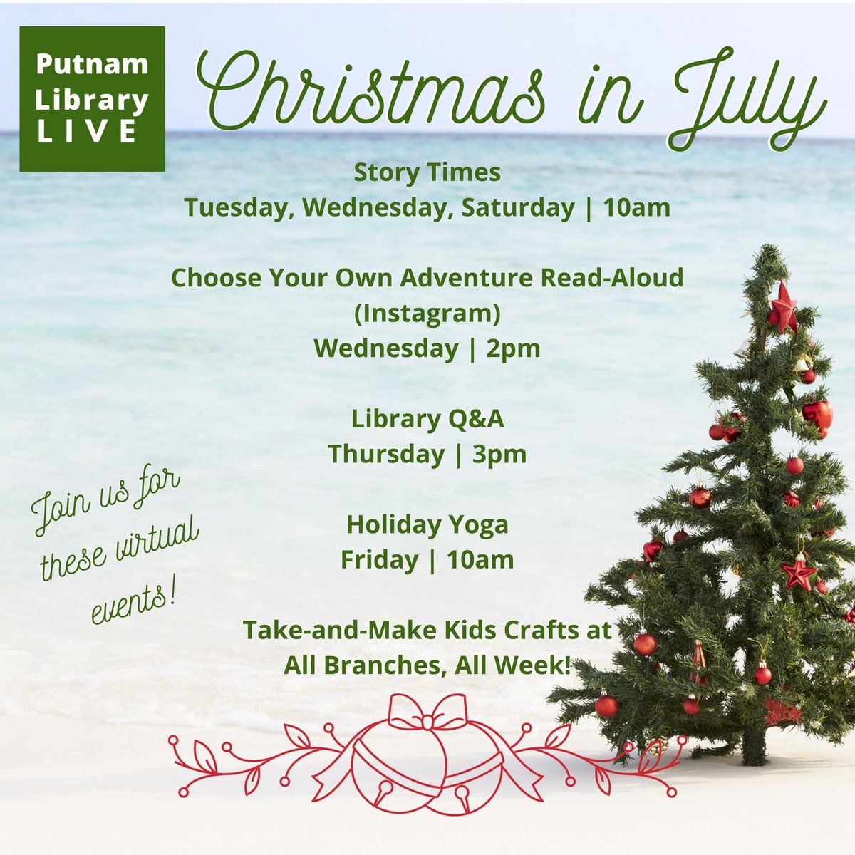 putnamlibrarywv's tweet image. This week, Putnam Library is celebrating Christmas in July!
What better way to beat the heat than with some virtual events about that special and snowy time of year?! #christmasinjuly #putnamlibrarylive #onlineprogramming #putnamlibrarywv #putnamwv