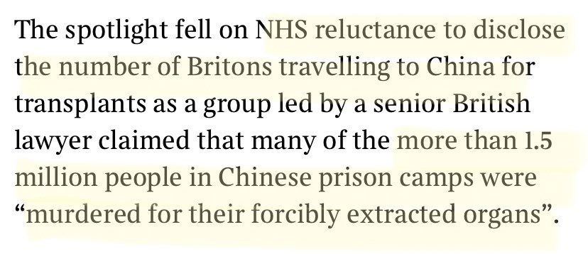 “The spotlight fell on NHS reluctance to disclose the number of Britons travelling to China for transplants as ... more than 1.5 million people in Chinese prison camps were “murdered for their forcibly extracted organs”. https://www.thetimes.co.uk/article/qc-s-report-calls-on-nhs-to-fight-black-market-in-organ-harvesting-qtv9xg339