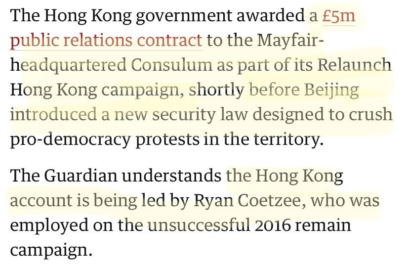 It seems that Ryan’s job at the PR firm Consulum (decent humans should never give them a contract again) is to launder the reputation of the CCP, after the regime’s annexation of Hong Kong.