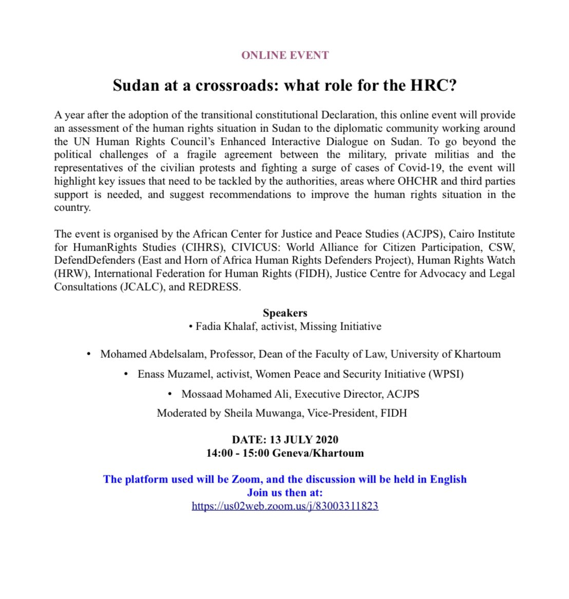 fidh_un's tweet photo. Online event
Sudan at a crossroads: what role for the HRC?
 
Join us TODAY from 14:00-15:00 GVA/Khartoum at: 
https://t.co/aYitPJgZR6      

#HRC44 #Sudan @UNHumanRights https://t.co/Z3ImFyeJBH