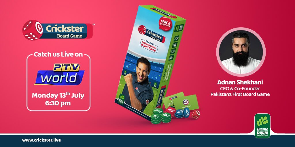 crickstergame's tweet photo. Crickster’s CEO, @adnanshekhani will be live on PTV today at 6:30 Pm! 

#Crickster #ptvworld #cricket #crickster #boardgame #wasimakram #sultanofswing
#boredombuster #thingstodoinlockdown #pakistan #pakistanzindabad #blamegameproduction #thebluedot #game https://t.co/CRqMTlWIx4
