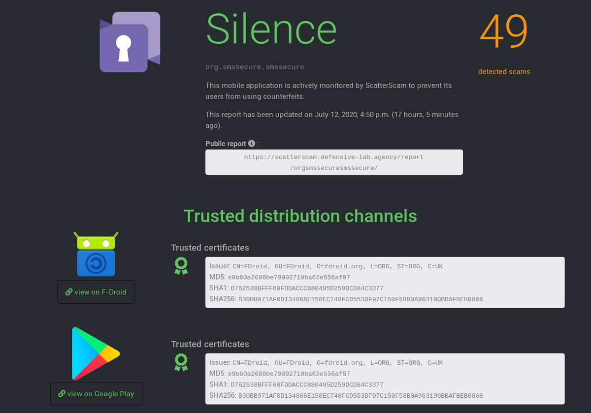 defensive_lab's tweet photo. 🚨​ We are proud to announce the first public release of ScatterScam. ScatterScam is a platform meant to detect and track Android applications impersonating yours.

Open source projects can subscribe and pay what they want.

➡️​ https://t.co/gEodv2RKY4 https://t.co/mDjV1HKqGS