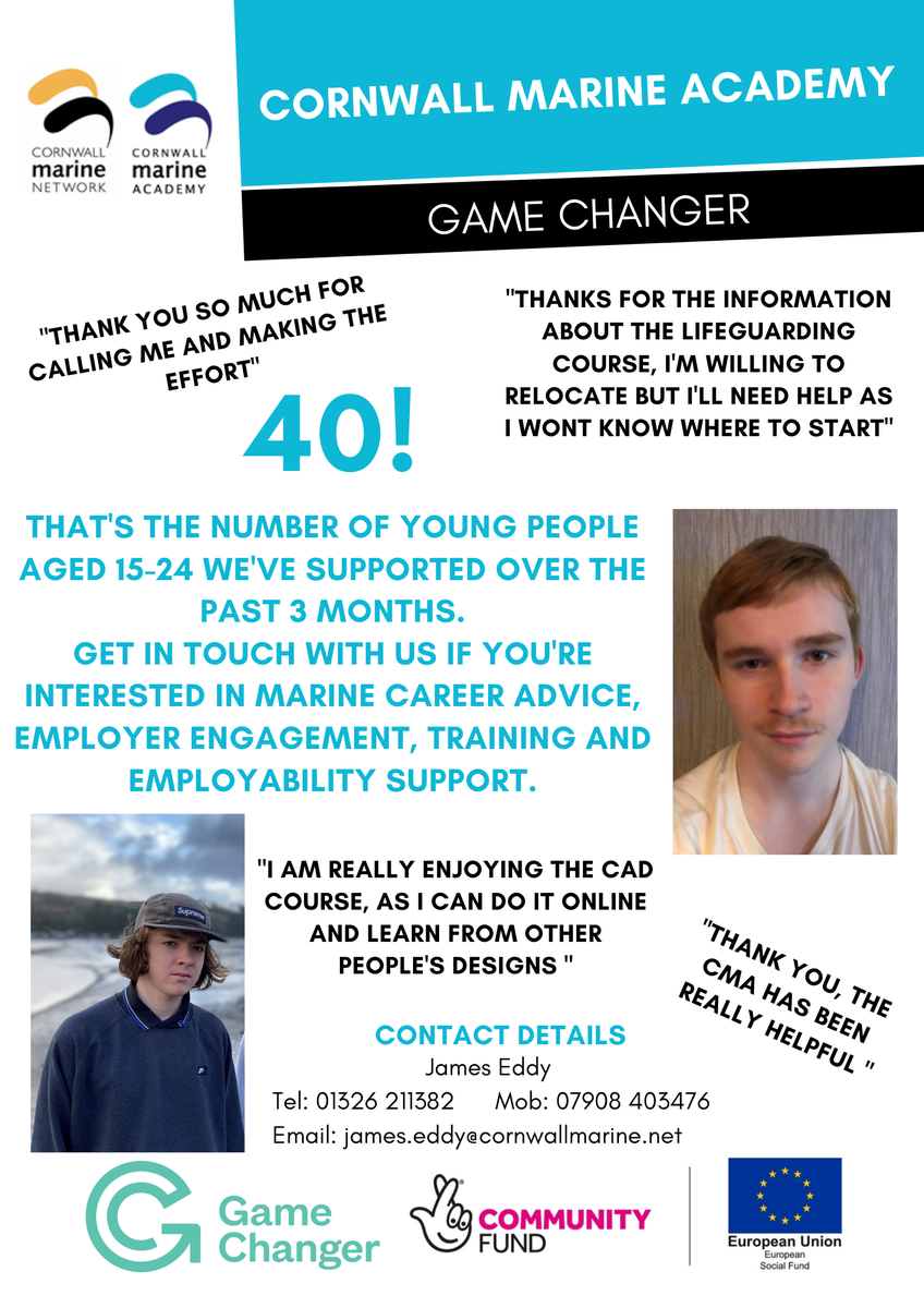 CornwallMarineA's tweet photo. In 3 months the team has supported 40 young people with Marine careers advice and guidance, Work experience placements (virtual and face to face in a safe manner,) Employer talks and Employability support

Amazing #CMAAmbassador employers used

Funded @TNLComFund https://t.co/M1MzcF2wTx