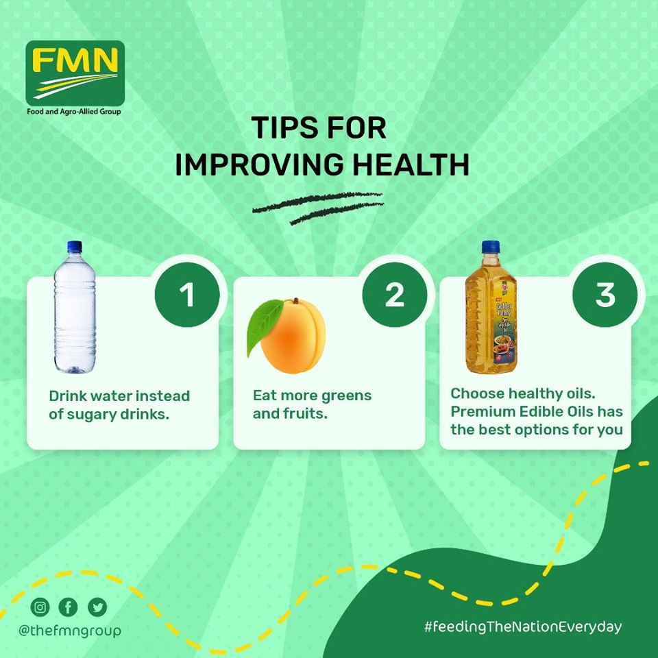 theFMNGroup's tweet photo. • Drink water instead of sugary drinks.
• Eat more greens and fruits.
• Choose healthy oils.

Premium Edible Oils has the best options for you.

.
.
.

#FMN #FMNCares #YoureNotAlone #FeedingTheNationEveryday https://t.co/51N2QnZmdI