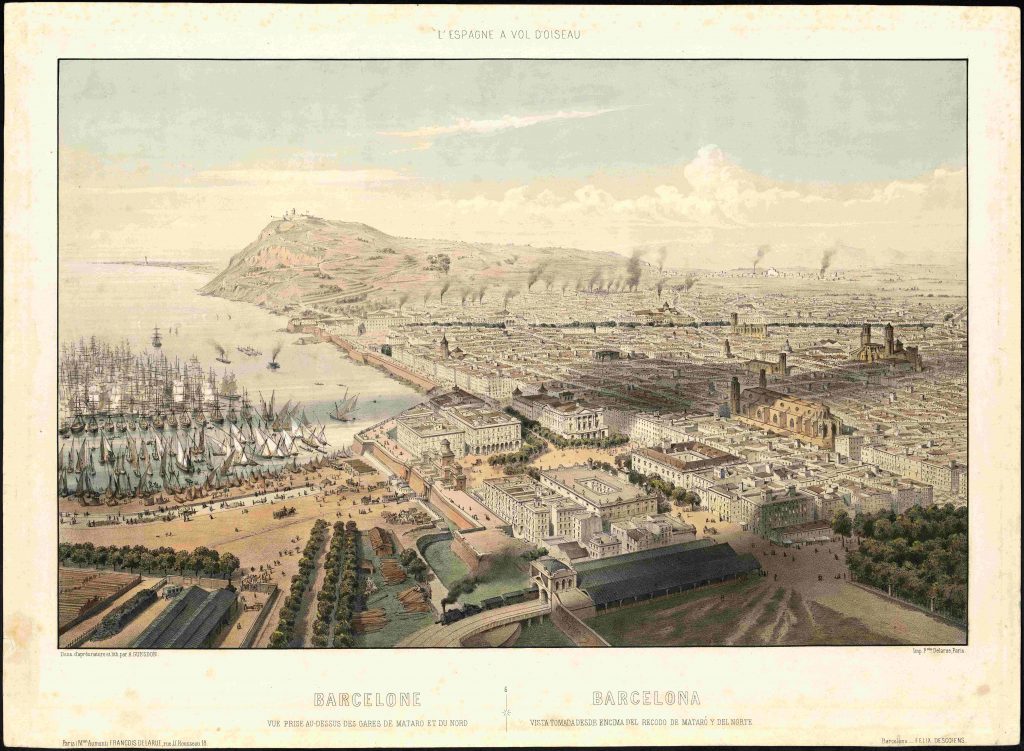 🐦 Aquesta panoràmica d'Alfred Guesdon del 1856 ens mostra com era #Barcelona abans de l'enderrocament de les #muralles. Si t'hi fixes, hi podràs veure la #Ciutadella i #Montjuïc. Aconsegueixes reconèixer altres indrets i monuments? Fes-nos-ho saber! 👇 #arxiuBCN #MemòriaBCN