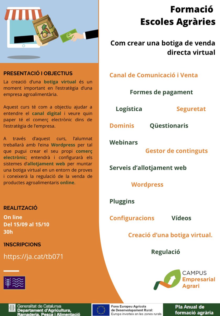 CampusEAgrari's tweet photo. Vols muntar la teva botiga de venda directa online i no saps com? El curs Com crear una botiga de venda directa  virtual et donarà les claus! Format online. Sessions webinars amb el professor en directe. Vídeos. Creació de la teva botiga com a pràctica. Learning by doing. https://t.co/ejxUGPNVK8