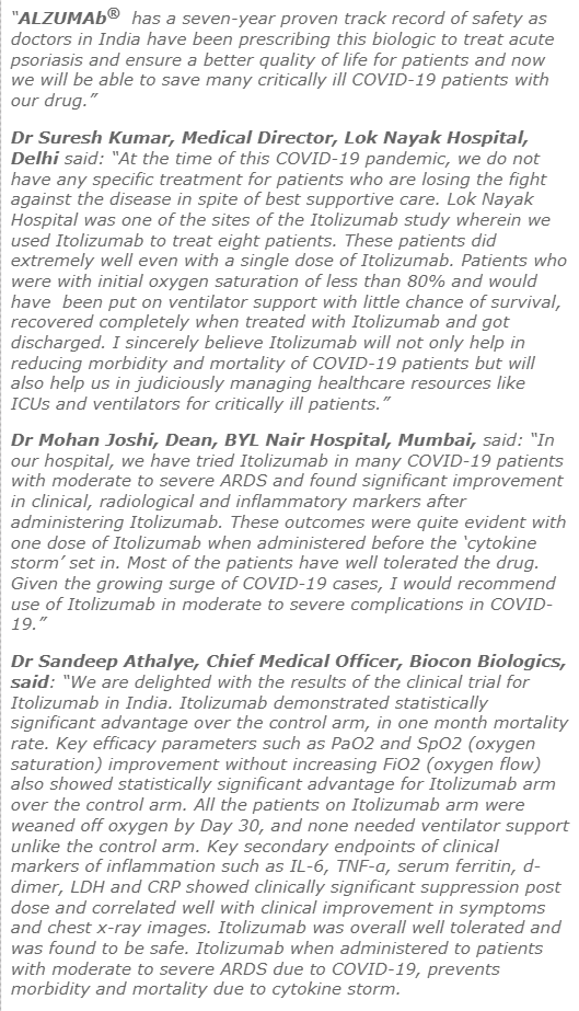 Restricted Use of  #Itolizumab for CRS in moderate to severe ARDS patients due to  #COVID19. No peer-review.Phase III clinical trial exempted, to go for Phase IV. Wordings of SEC meeting & Dr Sandeep Athalye, Chief Medical Officer, Biocon Biologics, have similar tone.   https://twitter.com/kiranshaw/status/1282173158519222273