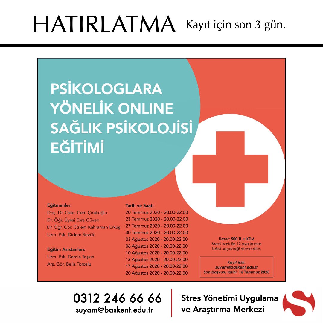 Ayrıntılı bilgi ve kayıt için suyambaskent.com web sayfamızın “Eğitimler” sekmesinden Psikologlara Yönelik Online Sağlık Psikolojisi Eğitimi’ne tıklayabilirsiniz. Son Başvuru Tarihi: 16 Temmuz 2020