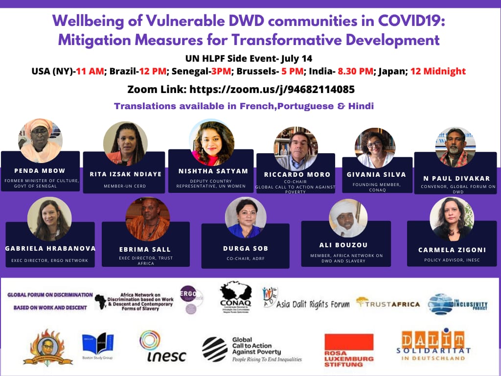 Please join us tomorrow (14/07) for our #HLPF2020 side event co-organized by GCAP on the wellbeing of vulnerable #DWD (Discrimination Based on Work and Descent) communities during #COVID19.

gcap.global/news/hlpf-side…

#FacesofInequality #LeaveNoOneBehind #SDGs