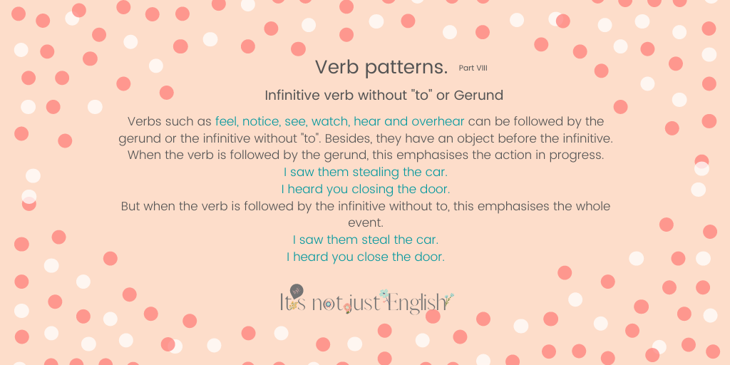 ItsnotjustEngl1's tweet photo. Hi Mates!!
Interesting summary of verb patterns. Part VIII. Infinitive with to or gerund.
*
*
#estudiar #englishmadrid #iloveenglish #moreenglish #englishlanguage #inglesgratis #rivasvaciamadrid #englishverbs #verbpattern #learningenglish #gerund #itsnotjustenglish #infinitive https://t.co/5osFE6nyZ3