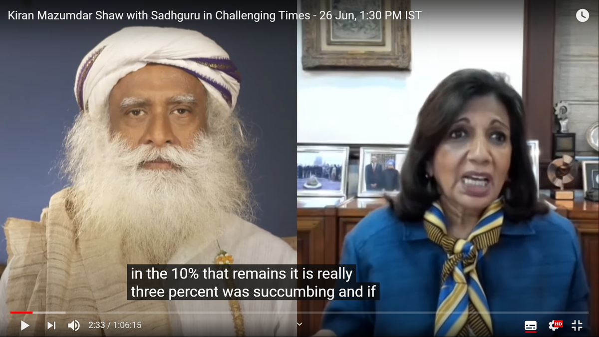 To understand how HUGE scientific rationale can be, check her discussion w/  @SadhguruJV, a repeat offender. She speaks on DATA as well.  Both spewed lot of misinformation & judgement that could endanger public health & lives.  https://twitter.com/kiranshaw/status/1282299124209995776