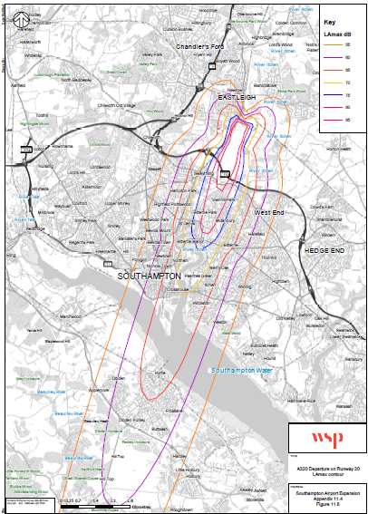 Don't sit outside <a href="/DancingManBrew/">Dancing Man Brewery</a>. When A320 jets takes off to south it will be between 60 and 65 dB (purple and red contours). If <a href="/SOU_Airport/">Southampton Airport ✈️</a> expands (when the tall trees are down #MarlhillCopse) ~every 3-30 mins <a href="/darrenpaffey/">Darren Paffey MP</a> <a href="/JohnNooncom/">John Noon</a> @SarahBogle  axosouthampton.wordpress.com/623-2/