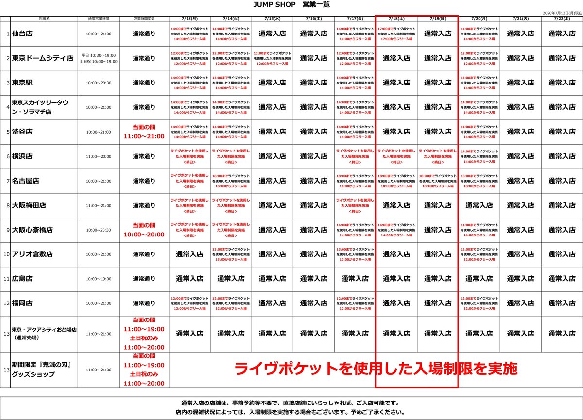 ジャンプショップ Jump Shop 公式 Jump Shop事前予約 抽選 による入場制限のお知らせ 7 13現在 Jump Shopでは現在 日にち 店舗 時間帯によりライヴポケットを使用した入場制限を実施しております 詳しくは画像をご覧ください 空きのある時間帯に