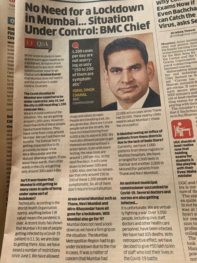 No need for a lockdown in Mumbai.. situation under control  @mybmc chief Iqbal Singh Chahal

So, you mean to say in  @KDMCOfficial @NMMCofficial @PanvelCorp @TMCaTweetAway #mirabhayandar situations are not in control? & They are imposing a #lockdown 

@CMOMaharashtra @OfficeofUT