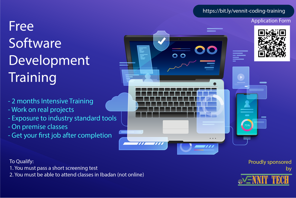 VennitTech's tweet image. Become a full stack software developer with our 2 months free intensive training, for residents of Ibadan.
Registration Link: lnkd.in/dT6uRYy
Enrollment ends in 2 weeks.

We are coming to Lagos soon.

#softwaredevelopment #freetraining #becomeaprogrammer #traininginibadan