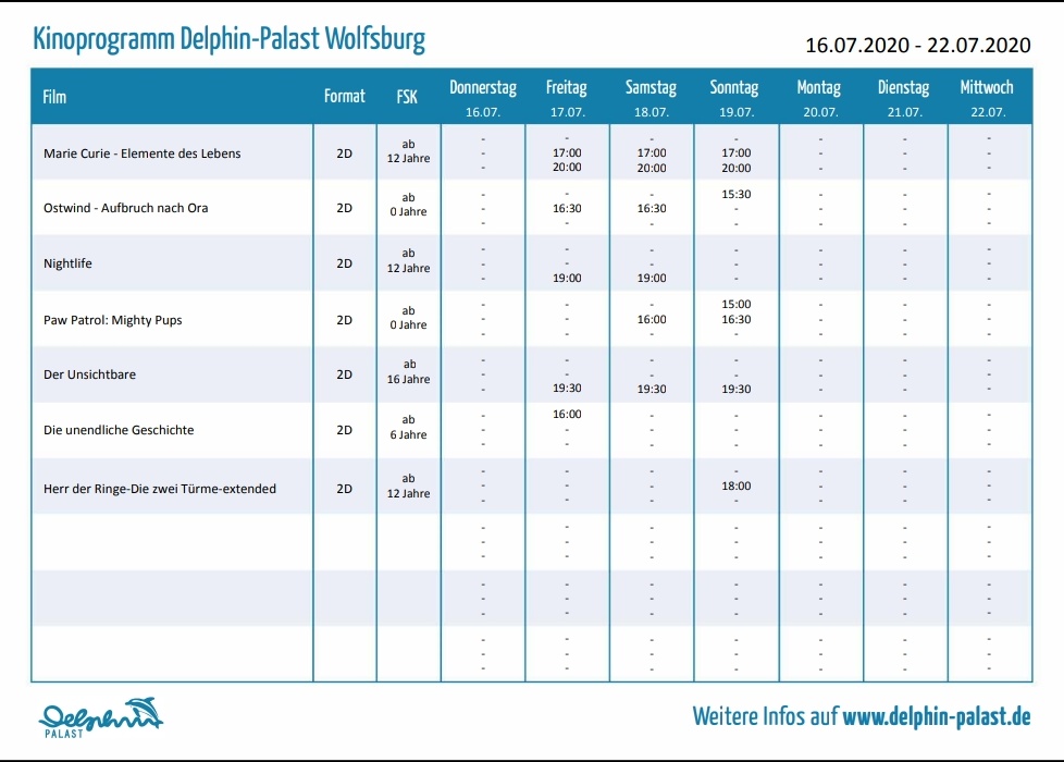 Seit dem 10.07. Ist unser Kino für euch am Wochenende wieder geöffnet. Hier das aktuelle Programm für die kommenden Tage