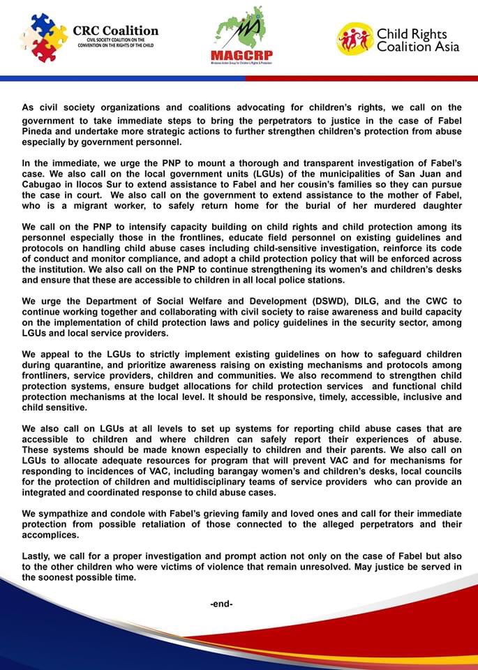 crccoalition's tweet photo. READ: Joint statement of CRC Coaliton, Child Rights Coalition Asia and MAGCRP  - Mindanao Action Group for Children's Rights and Protection on Fabel Pineda's Rape-slay Case. 

Full statement can also be accessed here: https://t.co/znFBoE3rIN

#JusticeForFabel https://t.co/pyOjQET5uy