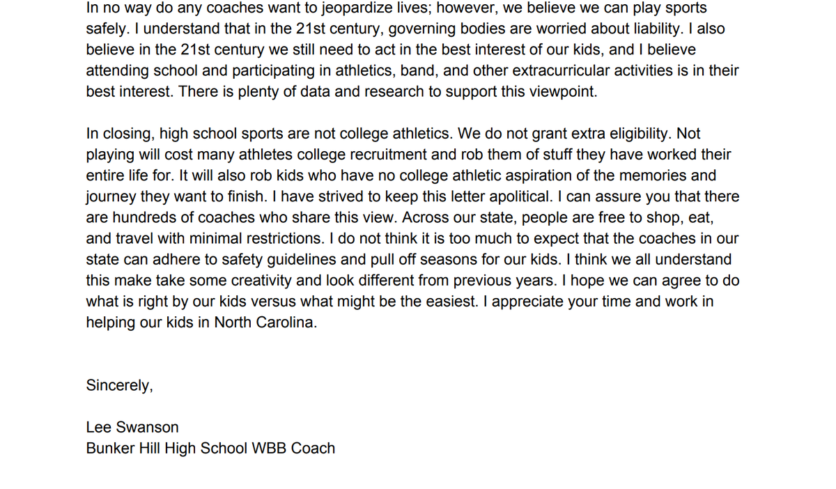 LeeISwanson's tweet photo. In the last few weeks I have seen numerous HS student-athletes write &amp; advocate for sports this year. I wanted to do the same. I believe being creative &amp; finding a way is the best thing for our kids. Many will agree, some will not, but I will always advocate for my kids. https://t.co/DFaR5yxR9C