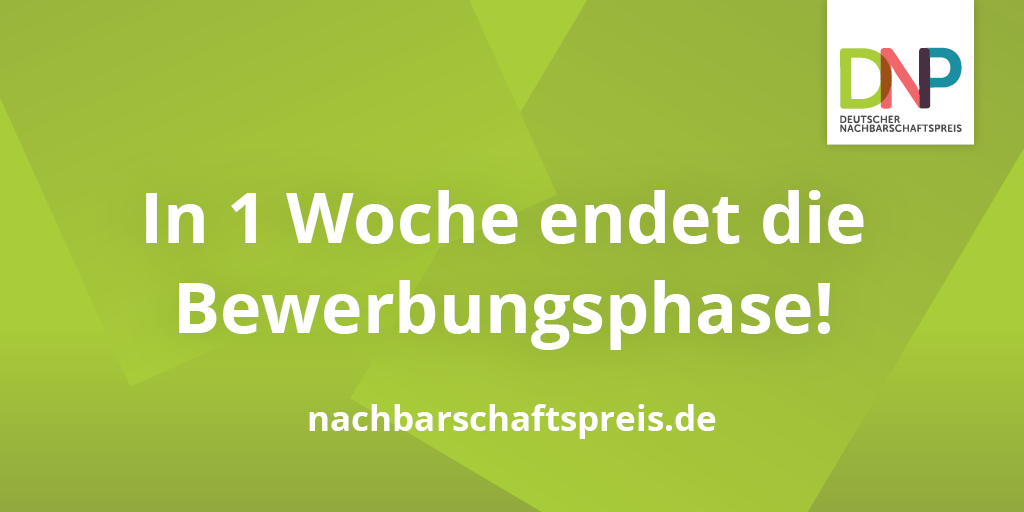 ⏲️ Ihr habt noch eine Woche Zeit, eure Bewerbung für den Deutschen #Nachbarschaftspreis einzureichen! Eure #Initiative setzt sich für mehr #Zusammenhalt in der #Nachbarschaft ein? 💚🏘️ Dann nutzt jetzt noch eure Chance 💸 #wirnachbarndas nachbarschaftspreis.de