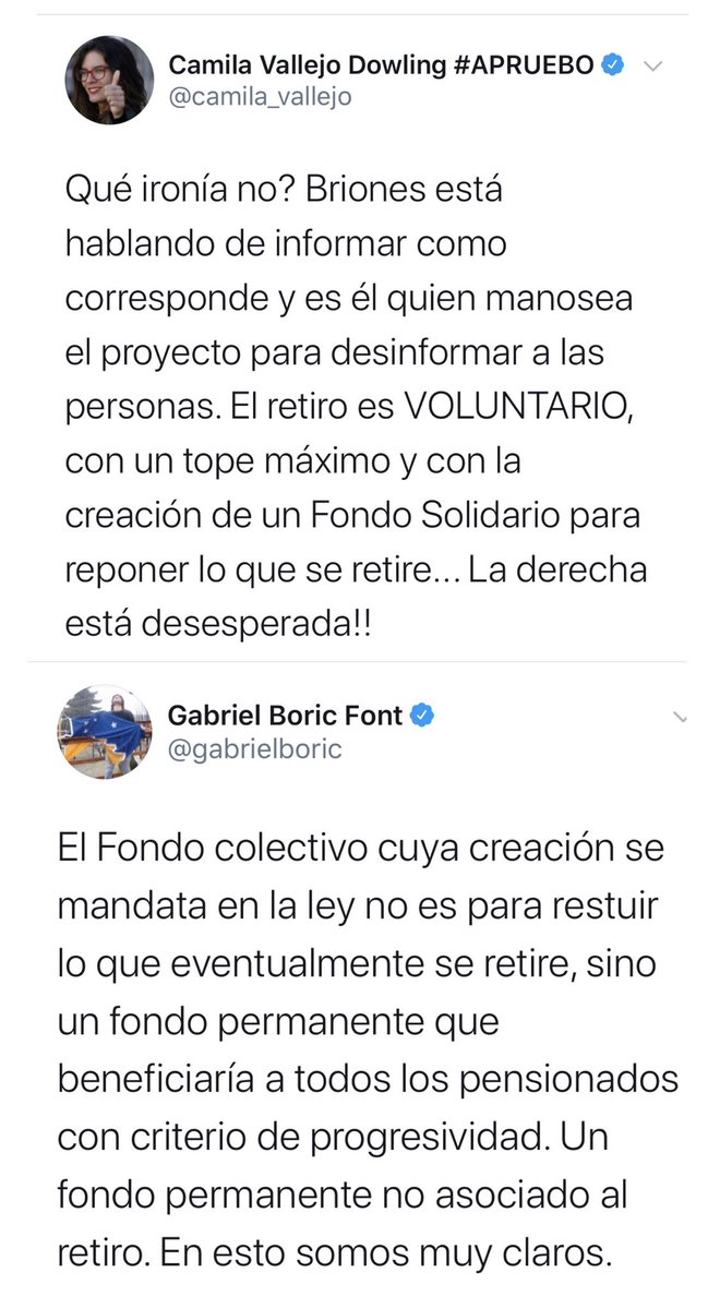 Tono_Coloma's tweet photo. Uno de los dos miente 
- Mientras @camila_vallejo dice que “el fondo solidario repone lo q se retire”...
- @gabrielboric dice que “El fondo colectivo.... no es para restituir lo que eventualmente se retire”
Esto pasa cuando se improvisa, se abusa de mayorías y se hace trampa. https://t.co/PE4BggUWGQ