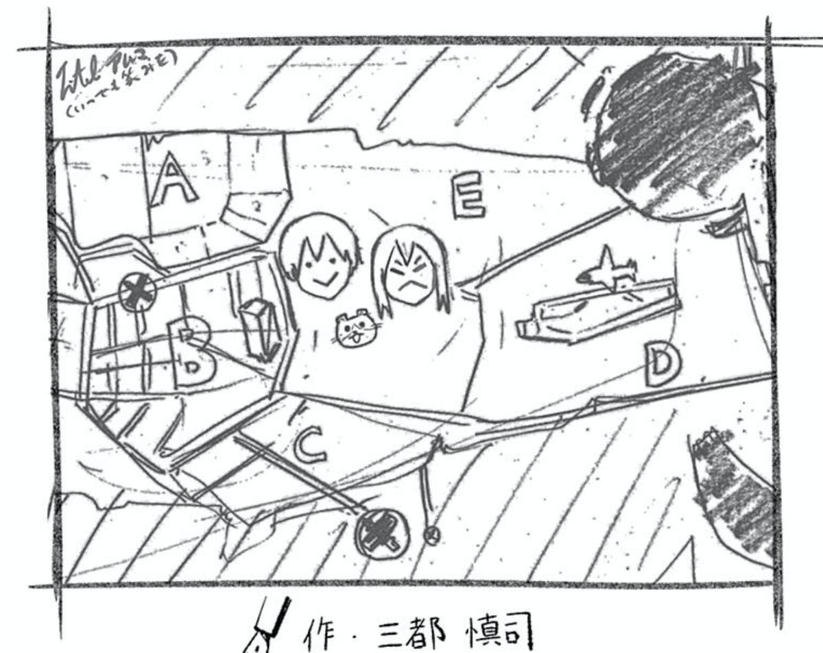 普通、単行本でページが余ると4コマ描いたり近況を描いたりっていうことが多いのですが、なかなかどちらも不得意なのでアルマの単行本の最後は連載前のイメージのデッサンを貼り付けてます。
レイが地図に描いたラムダがかわいい。